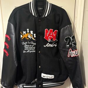 AMIRI Black & White Varsity Jacket with Red Patch Details